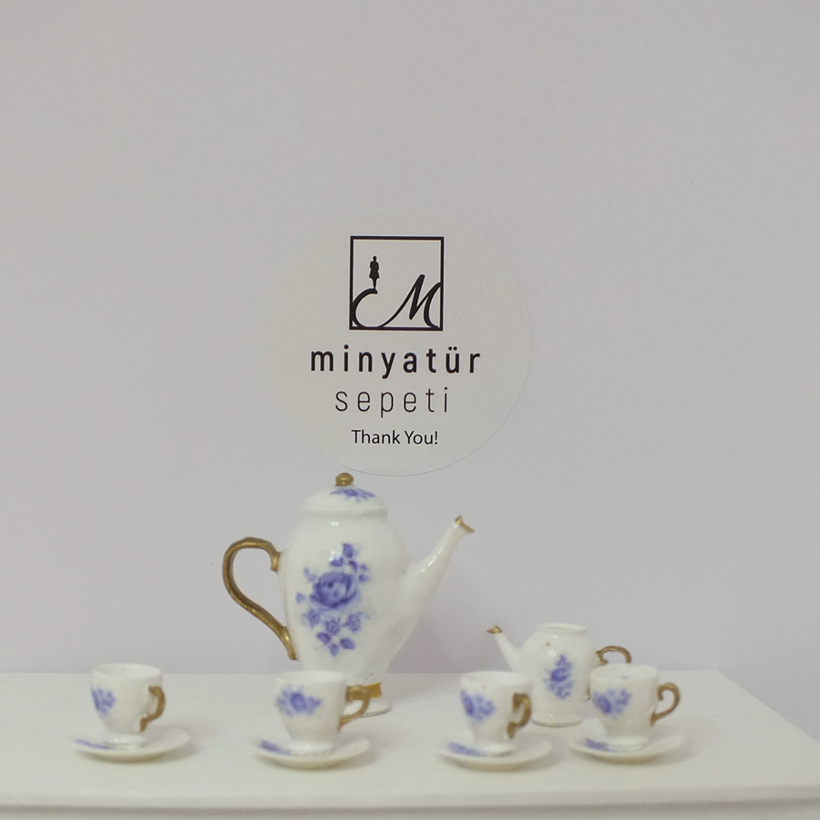 Minyatür Kraliyet Çay Seti - Seramik görünümlü Reçine Set 1.12 ölçek Mavi